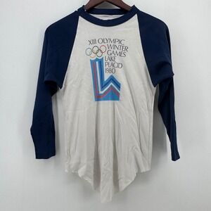 Vintage 1980 Lake Placid Winter Olympics Raglan Shirt Roni Raccoon White Navy